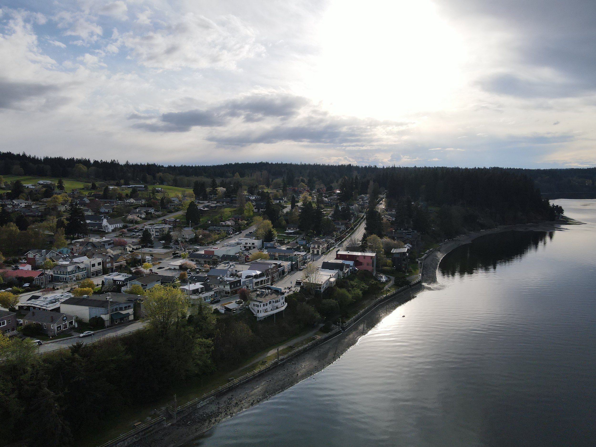 An overhead view of Langley looking towards the west from Saratoga Passage