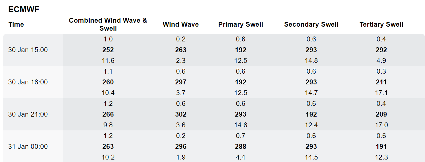 Wave Forecast Table
